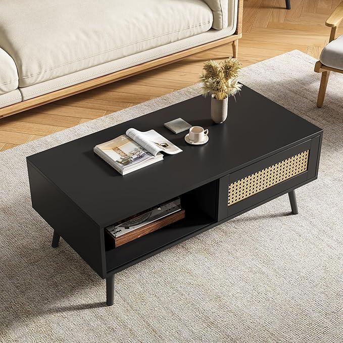 IDEALHOUSE Rattan Coffee Table with Storage, Farmhouse Boho Center Sofa Table with Sliding Door and Open Shelf for Living Room, Bedroom