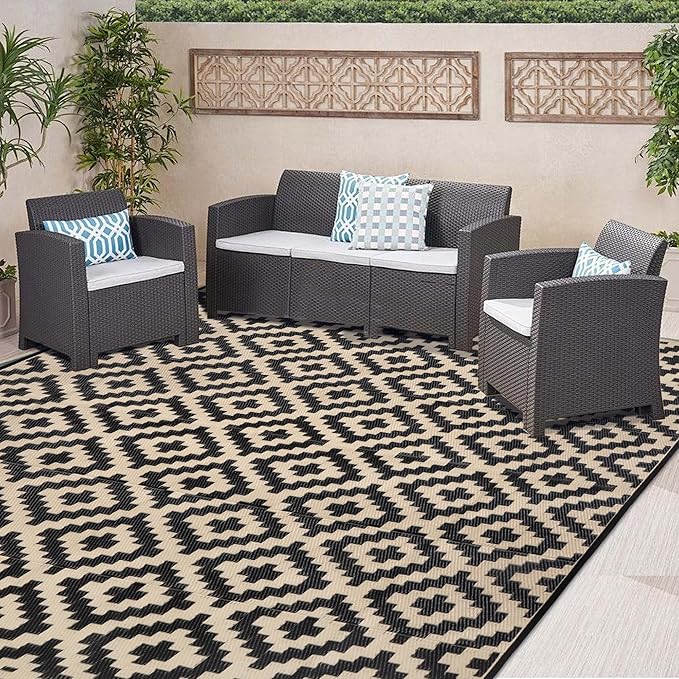 SAND MINE Waterproof Outdoor Rug 8x8 ft, Plastic Reversible Rug, Modern Area Rug, Large Floor Mat for Outdoors, RV, Patio, Backyard, Deck, Picnic, Beach, Camping, Black & Beige
