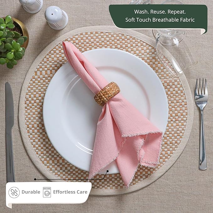 Palisa Premium Cotton Dinner Napkins Set of 12 | Pink Frayed Edge Rustic Farmhouse Table Linen | Soft Washable Long Lasting Durable Cloth Serviettes for Wedding Dining Decor 18x18 Inch