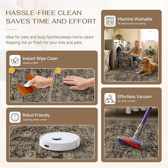 HUGEAR Retro Brown Area Rug 8x10 Machine Washable Living Room Rugs Distressed Vintage Floral Low Pile Carpet Bedroom Office Dining Room Laundry Room Non Slip Soft Lightweight