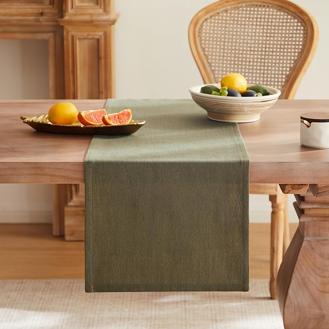 ZeeMart Rustic Cotton Linen Table Runner, 13x72 Inches Olive, Farmhouse Style Green Table Runners 72 Inches Long, Washable Kitchen Dining Table Decoration for Home Party Decor