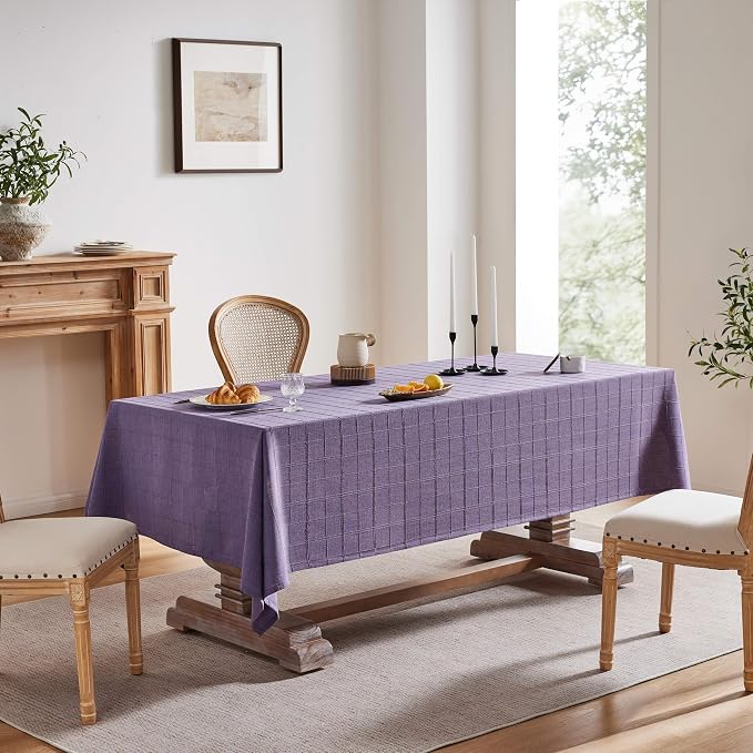 ZeeMart Linen Checked Table Cloth 52x70 Inches (Fit 3ft-4ft, Narrow Fit for 5ft Rectangle Table), Farmhouse Style Plaid Embroidered Water Resistant Table Cover, Purple