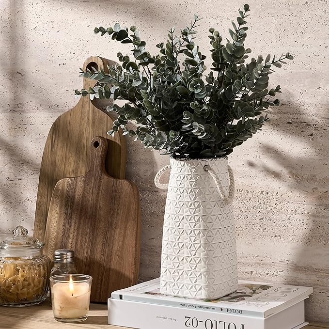 Vaseking Elegant White Petite Vase, 8.66 inch Ceramic Modern Minimalism Geometric Texture Purse Vase with Hanging Rope, Creative Tote Bag Vases for Home Decor, Living Room, Wedding, Bookshelf Decor