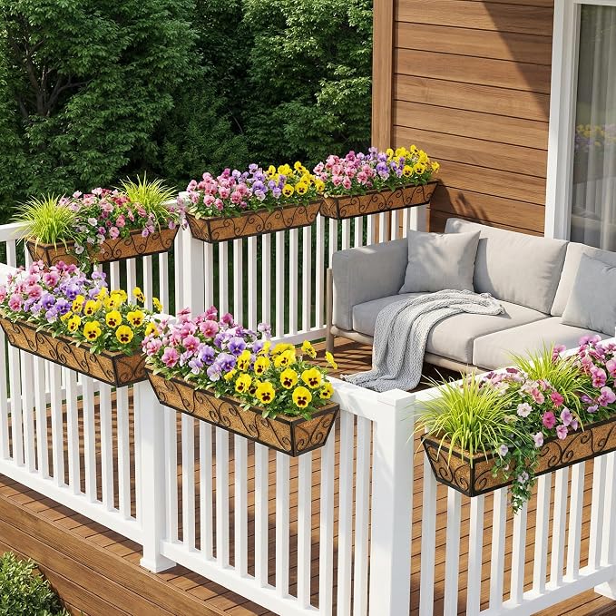 6PCS 30 Inch Railing Planter with Adjustable Brackets, Window Box with Coco Liner, Hanging Flower Box for Balcony Deck Fence, Metal, Black