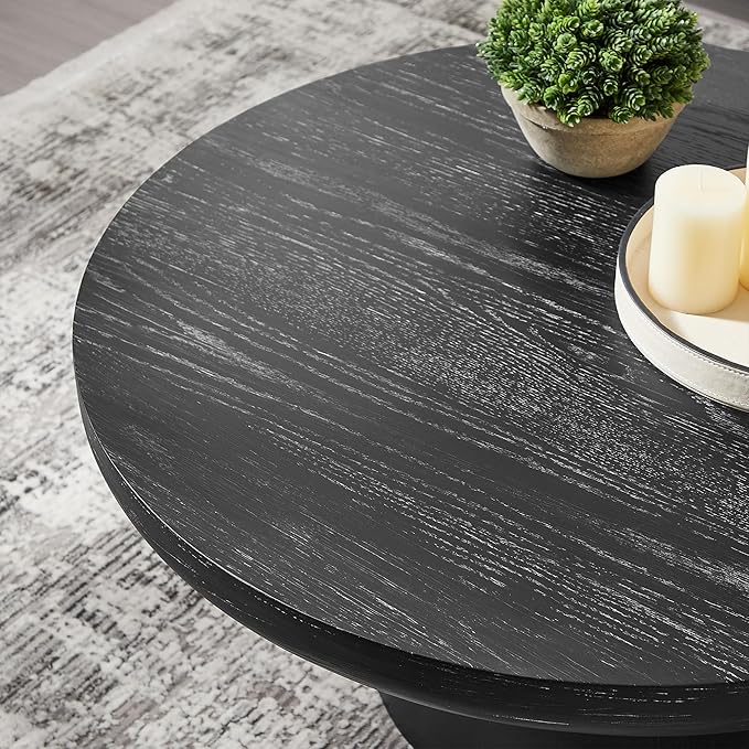 35.98'' Round Coffee Table, Circle Wood Black Coffee Table for Living Room, Modern Retro Style Pedestal Coffee Table, Easy Assembly, Black-ø35.98''