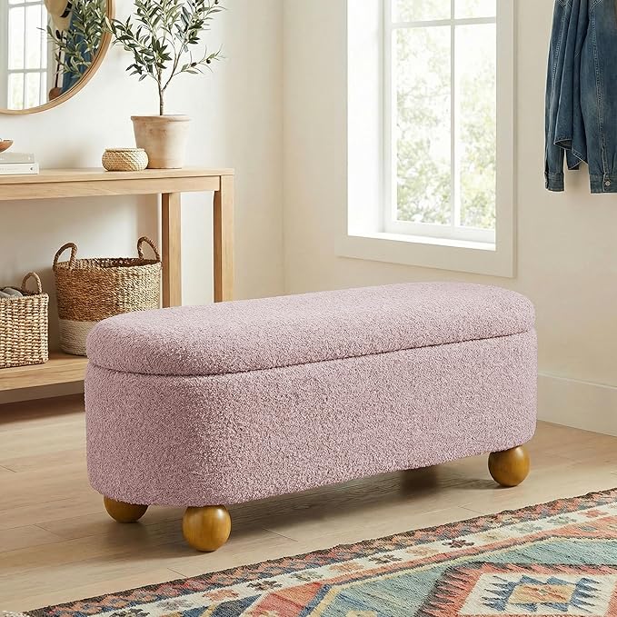 VKNOW 44.8" Storage Ottoman Bench End of Bed Bench, Thickened Upholstered Blanket Chest for Living Room, Entryway Bench with Cute Spherical Solid Wood Stool Legs for Bedroom, Pink