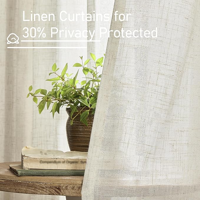 LAMIT 38 Inch Width Semi Sheer Linen Curtains 2 Panels, Cream Ivory Light Filtering Panels Back Tab and Rod Pocket Boho Neutral Drapes for Living Room/Bedroom/Farmhouse, 38 x 84 Inch