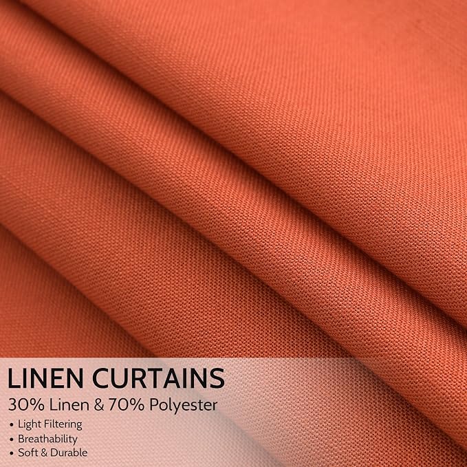 Bright Orange Linen Curtains 72 Inch Long for Living Room Bedroom Lightweight Door Drapes 2 Panels Set, Semi Sheer Light Filtering Back Tab or Rod Pocket Curtain,52x72