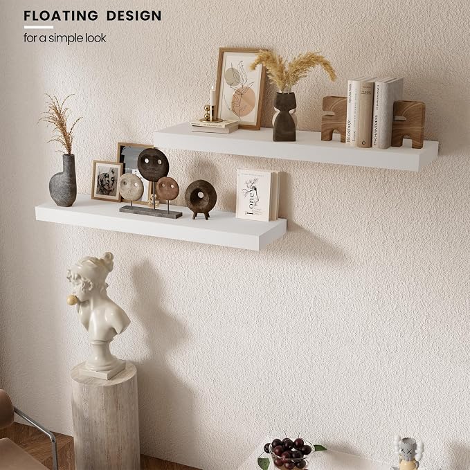 Vivelove Wooden Floating Shelves for Wall 36” x 8”x 1.4”, Solid Wood Shelf with Invisible Brackets, Deep Wall Shelves for Bathroom, LivingRoom, Kitchen, Bedroom, Modern Home Decor, Set of 2 - White