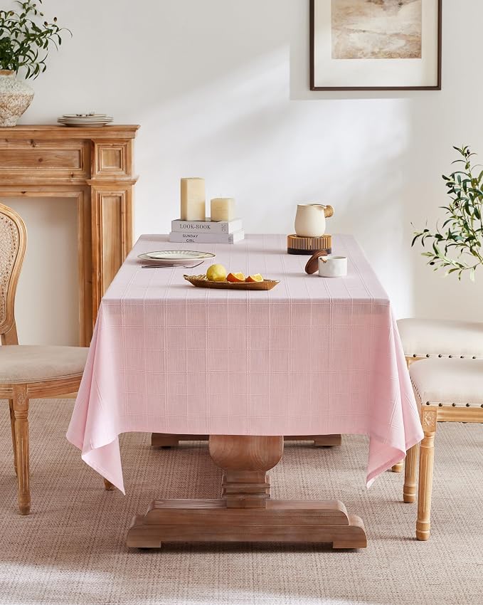 ZeeMart Linen Checked Table Cloth 52x52 Inches, Farmhouse Style Plaid Embroidered Water Resistant Square Table Cover, Pink