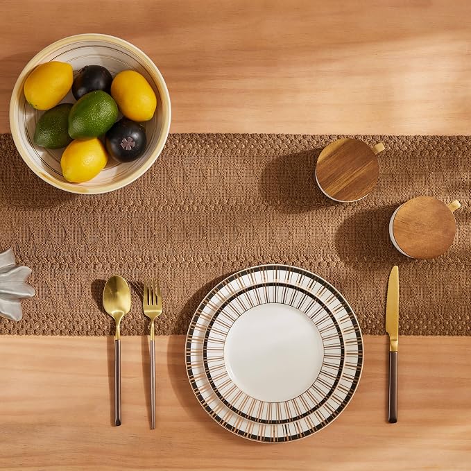 ZeeMart Macrame Style Boho Table Runner, Brown Table Runners 108 Inches Long, Farmhouse Woven Home Decor, 12x108 Inch, Caramel