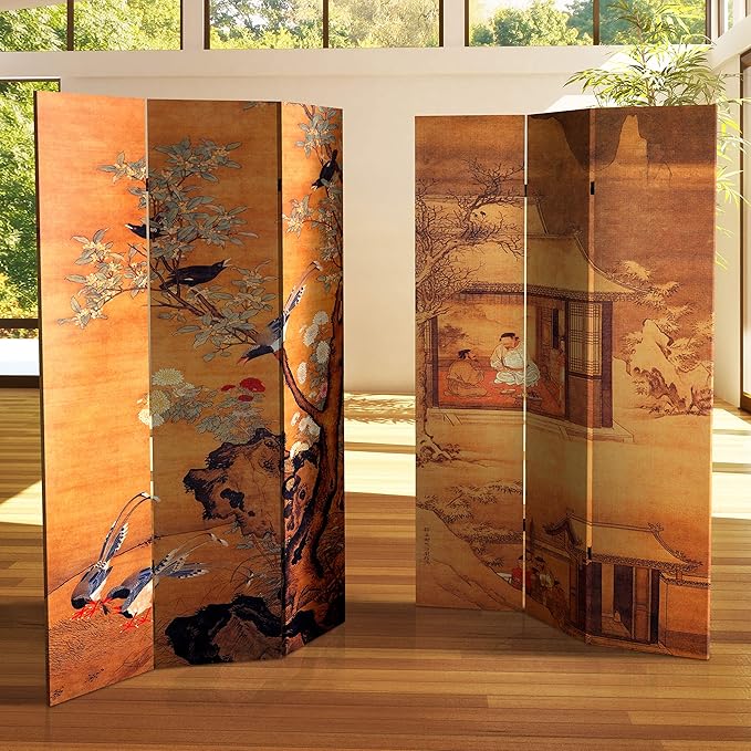 Oriental Furniture 6 ft. Tall Double Sided Chinese Landscapes Canvas Room Divider,Brown