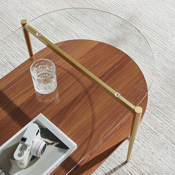 LumFurn X-Large Oval Glass Coffee Table, Mid-Century Modern Design, L47 x W24 x H17 inch, for Living Room, Clear Glass Top and Walnut Finish Wood Shelf, Conical Legs with Gold Finish Frame