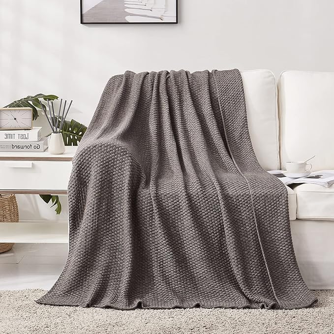 Longhui bedding 100% Cotton Knitted Throw Blanket – Dark Grey, Soft & Cozy, Machine Washable, 60"x80" – Perfect for Living Room, Couch, Sofa, Bed or Travel