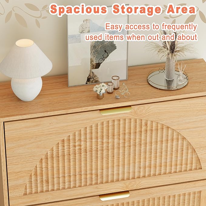 Shoe Storage Cabinet with 6 Flip Drawers, Narrow Wood Shoe Organizer Cabinet with Fluted Panel, Slim Shoe Rack for Entryway, Freestanding Shoe Cabinet for Living Room, Hallway, Wood Color