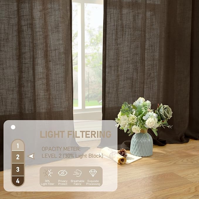 LAMIT 40 Inch Linen Curtains for Kitchen Windows, Semi Sheer Light Filtering Panels Bronze Grommet Neutral Drapes for Bathroom/Cafe, 2 Panels Set, Dark Brown, 34 x 40 Inch