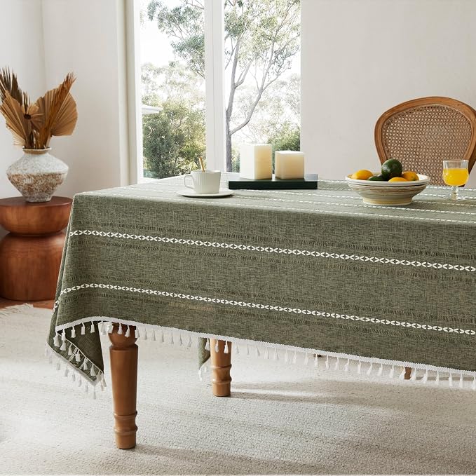 ZeeMart Hemstitched Embroidery Striped Boho Tablecloth 54x70 Inch Olive, Heavy Weight Farmhouse Burlap Linen Green Tablecloth, Wrinkle Resistant Washable Table Cloth for Rectangle Table