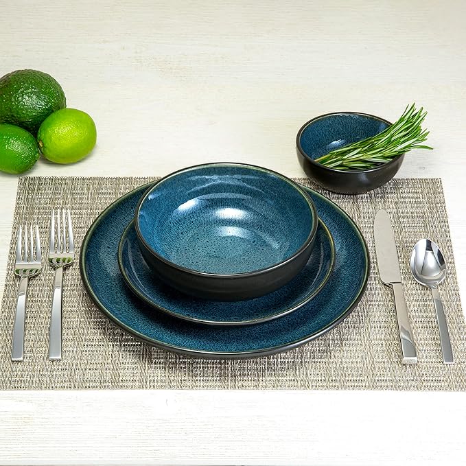 Sango 16-Piece Stoneware Dinnerware Set for 4, Glossy Black/Blue Big Dinner Plates and Bowls Sets with Reactive Glaze, Ceramic Dish Set, Modern Beautiful Dishes, Microwave & Dishwasher Safe, Resona