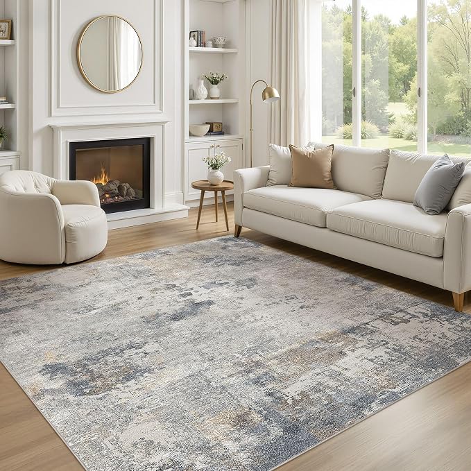 UERMEI Square Area Rugs : Washable 6x6 Neutral Modern Abstract Carpet for Living Room Bedroom - Soft Floor Mat with Non Slip Backing for Kitchen Nursery Dorms Farmhouse Home Decor - Blue Grey