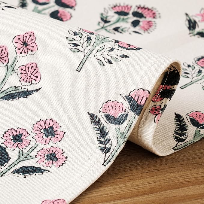 100% Cotton Block Print Floral Table Runners, 13x48 Inch Pink Farmhouse Table Runners 48 Inches Long Boho Flowers Home Decors