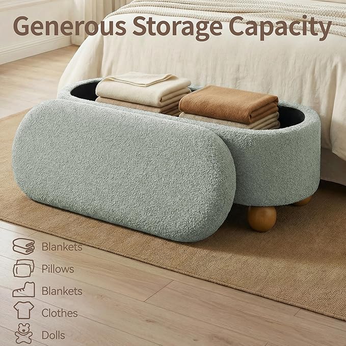 VKNOW 44.8" Storage Ottoman Bench End of Bed Bench, Thickened Upholstered Blanket Chest for Living Room, Entryway Bench with Cute Spherical Solid Wood Stool Legs for Bedroom, Light Green