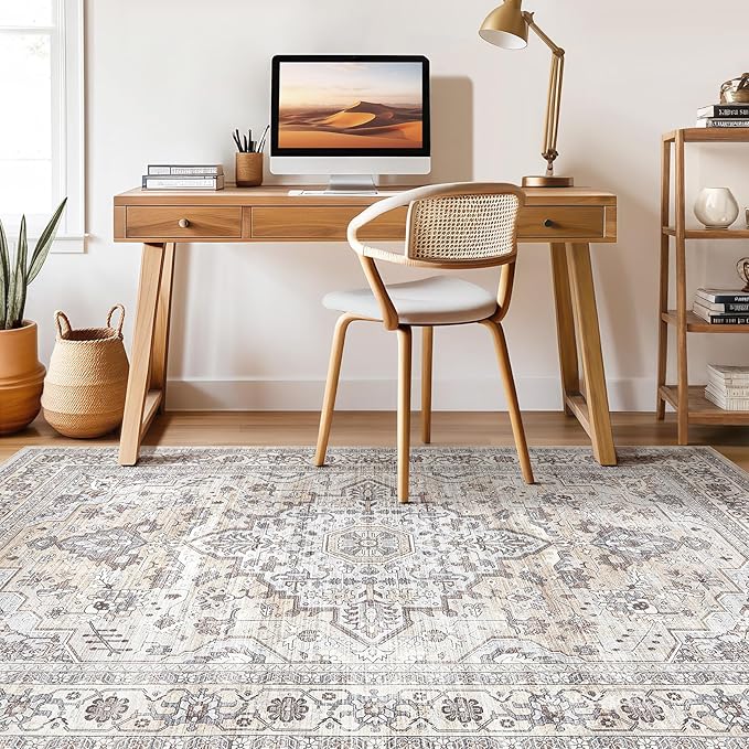 7x9 Area Rug Living Room: Washable Boho Large Neutral Vintage Soft Rugs Stain Resistant Farmhouse Non Slip Indoor Floor Carpet for Bedroom Nursery Kids Playroom Office Dining Room- Ivory Gray