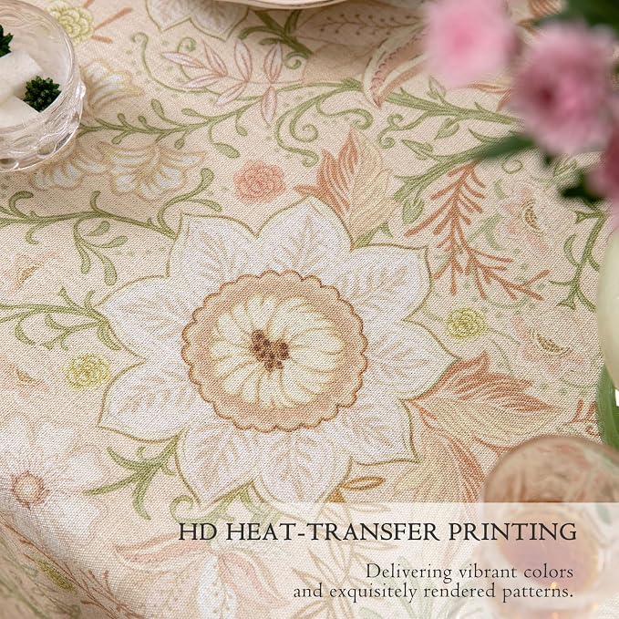 French Thick Linen Table Cloth Square Tables, Pink Floral Waterproof Wipeable Decorative Table Cover for Dining Kitchen Indoor Outdoor, 55" x 55", 2-4 Seats