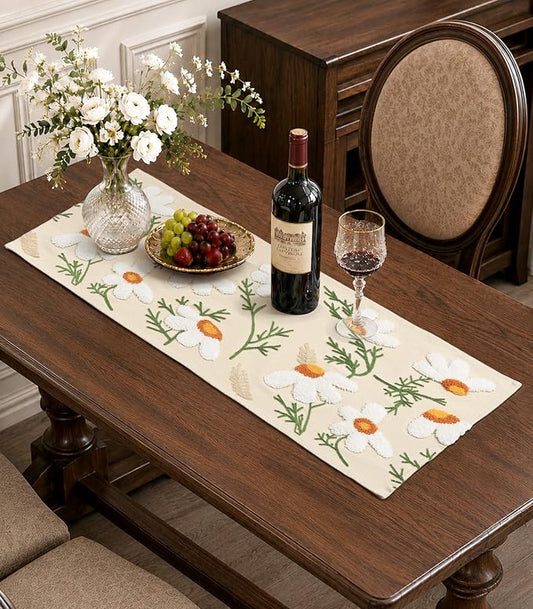 Canvas Embroidered Table Runner - 13"x 36" Short Coffee Table Runner for Living Room Tablerunner for Dining Room Washable Neutral Kitchen Island Counter Decor Housewarming Gift, Beige Daisy