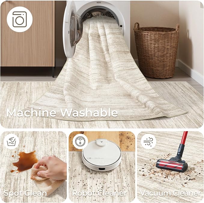 3x5 Washable Area Rug for Entryway, Soft Kitchen Rugs Non Slip for Dining Room, Vintage Abstract Living Room Rug, Thin Area Rugs Indoor for Bedroom, Kids Room Decor(3'x5', Brown/Beige)