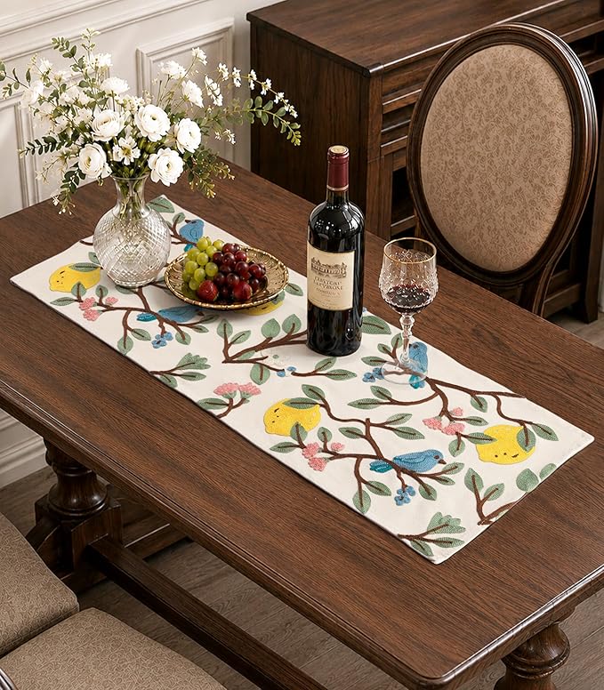 Canvas Embroidered Table Runner - 13"x 36" Short Coffee Table Runner for Living Room French Tablerunner for Dining Room Washable Kitchen Island Counter Decor Housewarming Gift, Lemon Bird