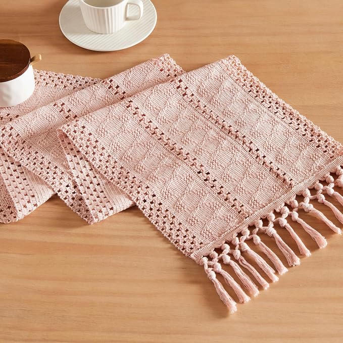 ZeeMart Macrame Style Boho Table Runner, Pink Table Runners 36 Inches Long, Farmhouse Woven Home Decor, 12x36 Inch, Light Pink