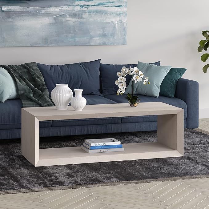 Henn&Hart 58" Rectangular Coffee Table with Open Storage Shelf for Living Room, Family Room, or Office, Beech White