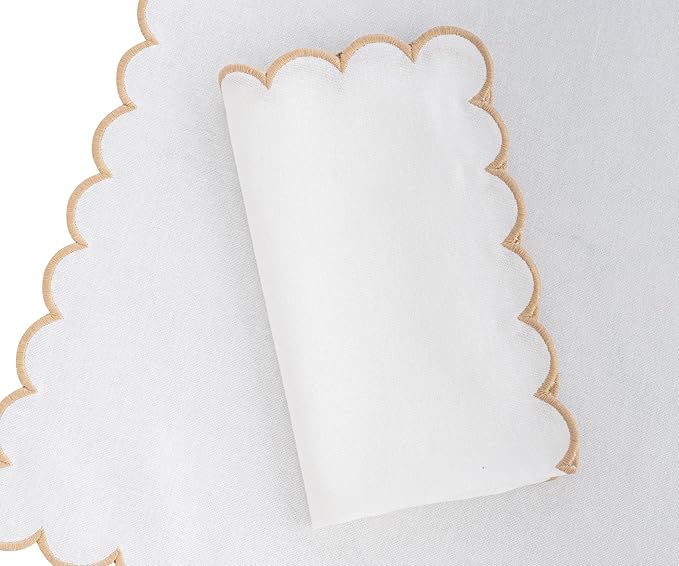 Beige and White Napkins with Gold Trim Set of 4, Premium Quality, 100% Cotton, Embroidered, Scalloped Napkin, Wedding Reception, Party, Beige Linen Napkins, White and Gold 18x18
