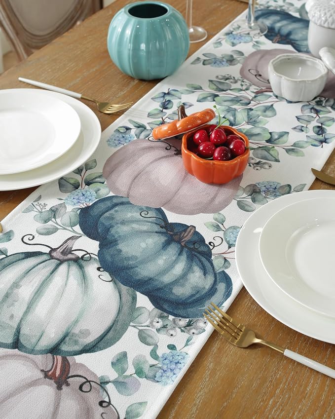 Fall Decorations for Home Blue Fall Table Runner 72 Inches Long with Autumn Pumpkins Eucalyptus Leaves. Thanksgiving Decorations for Dining Room Kitchen Table Seasonal Holiday Harvest Party Decor