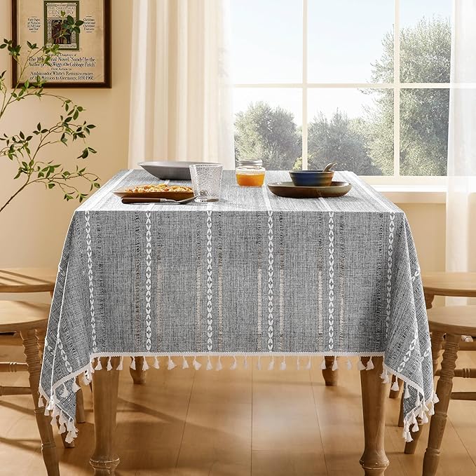 ZeeMart Hemstitched Embroidery Striped Boho Tablecloth 60x60 Inch Charcoal, Heavy Weight Farmhouse Burlap Linen Grey Tablecloth, Wrinkle Resistant Washable Table Cloth for Square Table