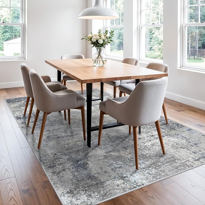 5x7 Washable Area Rug – Modern Neutral Abstract Rug for Living Room Bedroom Kitchen Dining Room Home Office – Non-Slip Low-Pile Thin Indoor Carpet with Rubber Backing (Blue Grey,5x7)