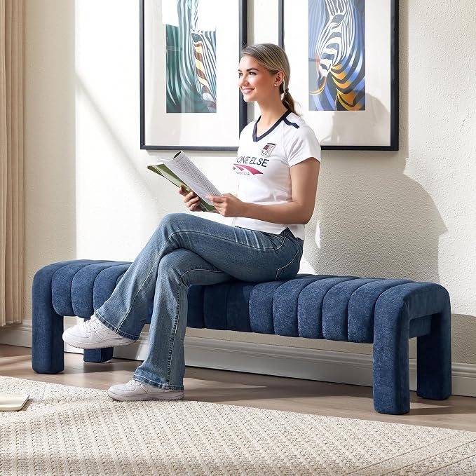 63’’ Bedroom Bench, Upholstered End of Bed Bench with Solid Wood Legs, Modern Long Dining Bench with Full Covered Fabrics for Entryway, Bedroom, Living Room (Blue, Chenille)