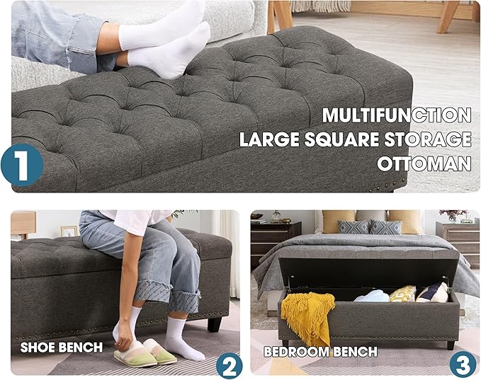 Grepatio Storage Ottoman Bench for Bedroom - 51" Tufted End of Bed Storage Benches with Foot - Upholstered End of Bed Bench - Large Rectangular Bed Ottoman Benches for Living Room Bedroom (Grey)