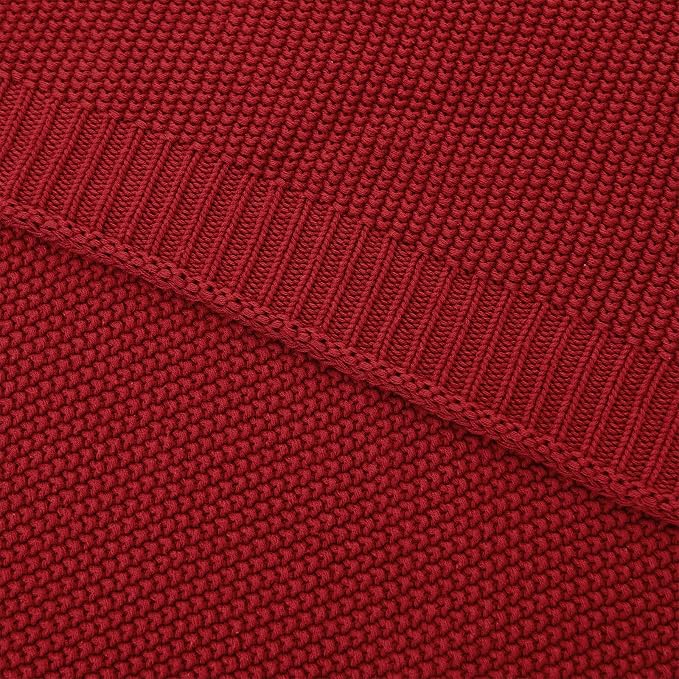 Longhui bedding Burgundy Cotton Cable Knit Throw Blanket for Couch Sofa Chair Bed Home Decorative, 2.5 Pounds 50 x 60 Inch Woven Throw Blankets with Bonus Laundering Bag