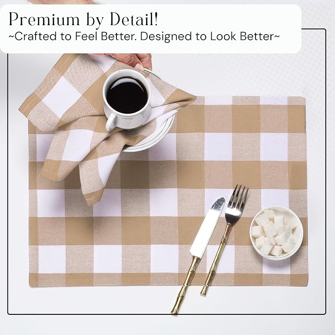 Buffalo Plaid Cloth Napkins, Set of 4, Soft, Durable, Wrinkle Free Fabric Napkins, Checked Napkins for Dinner, Wedding, Restaurant, Buffet, Party, Christmas - Beige, White (16"x16")