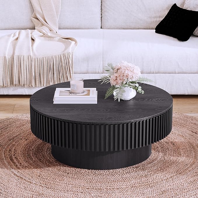 31.5'' Round Coffee Table with Storage, Modern Luxury Circle Drum Center Tables with Solid Wood Veneered, Accent Side Coffee Table for Living Room, Bedroom, Apartment-Black