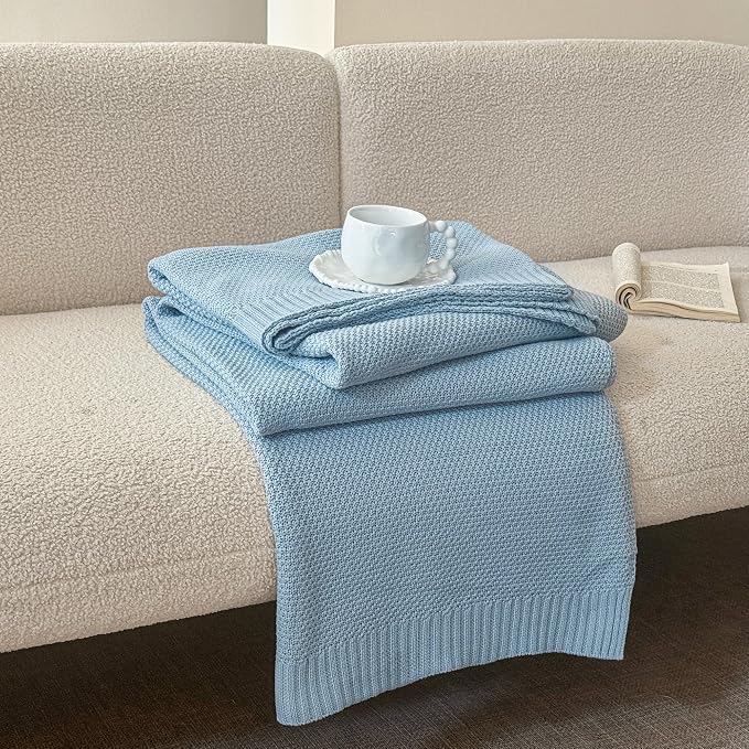Simple&Opulence 100% Cotton Throw Blanket, Solid Color Cable Knitted Blanket Super Soft Comfortable Breathable Decorative Farmhouse for Couch Sofa Bed, All Season Use(Winter Blue,50x60)