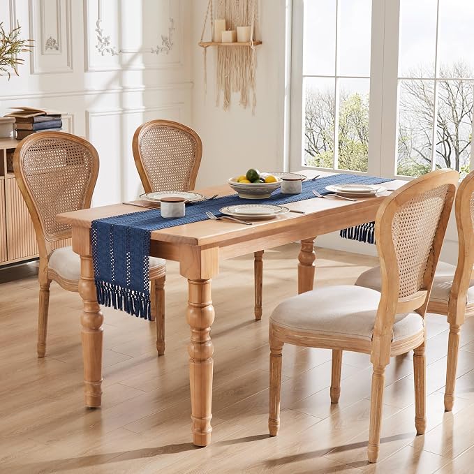 ZeeMart Macrame Style Boho Table Runner, Navy Table Runners 60 Inches Long, Farmhouse Woven Home Decor, 12x60 Inch, Navy Blue