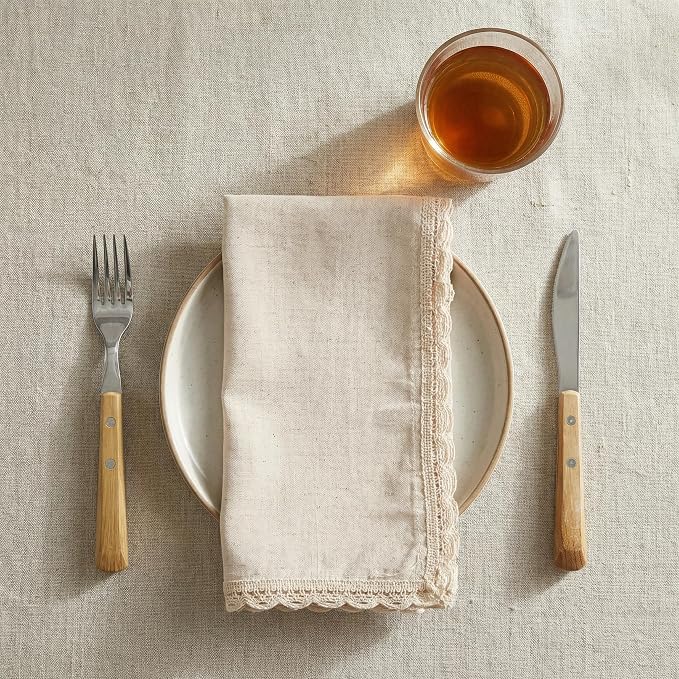 Flax Lace Cloth Dinner Napkins Set of 12 Natural - 20x20 Inches, Spring Basket Décor Premium Cotton Linen Dinning Table Napkin for Mother's Day, Wedding, Birthday | Soft Banquet Event Napkin