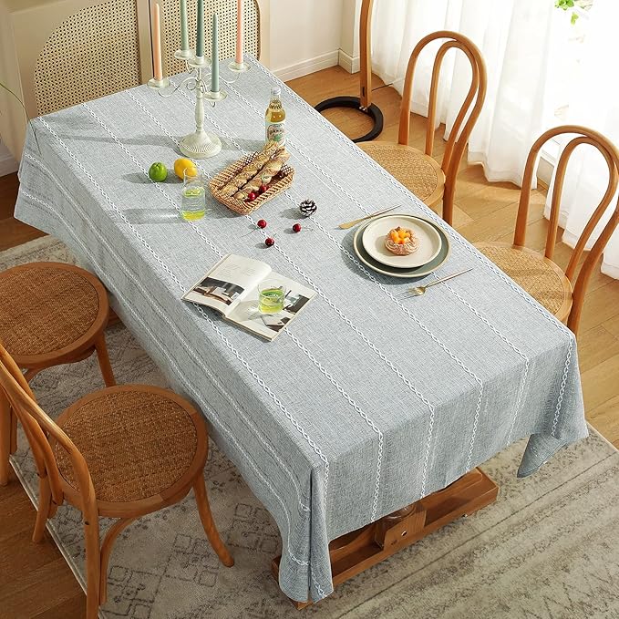 Chassic 60 x 104 inches Farmhouse Style Linen tablecloths, Wrinkle Resistant Washable Dining Room Table Cloths for 6 Foot Rectangle Tables - Hemstitch Light Grey