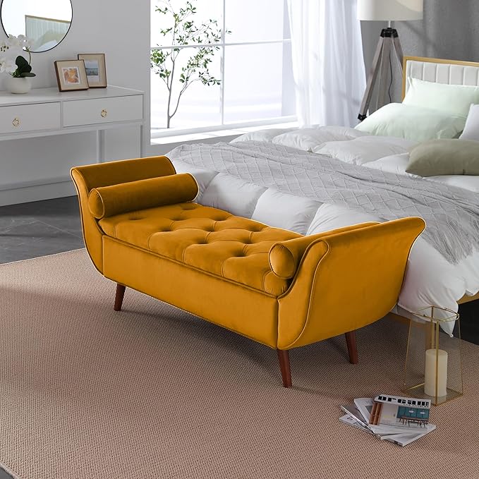 65" Velvet Storage Bench, Vintage Bed Bench with Storage Upholstered Rolled Armed Button Tufted Entryway Bench for Bedroom End of Bed, Living Room, Entryway, Hallway, Dressing Room (Yellow)