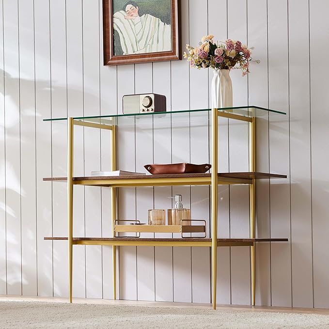 LumFurn Glass Console Table for Living Room, Foyer & Entrance, H41 x W14 x H31inch, 3-Tier Mid-Century Modern Sofa Table with Clear Glass Top, Walnut Finish Wood Shelf and Gold Finish Frame
