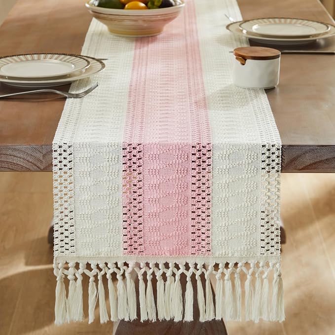 ZeeMart Macrame Style Bicolor Stitching Table Runner, 14 x 72 Inch Light Pink/Ivory, Boho Pink Table Runners 72 Inches Long, Farmhouse Woven Home Decor