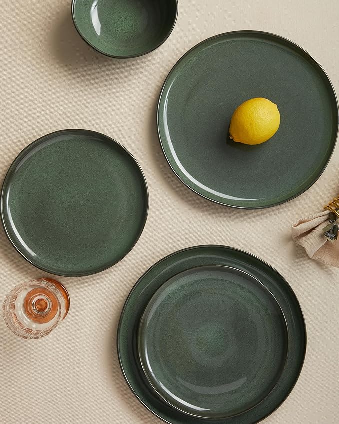 Pokini Ceramic Plates and Bowls Set, Everyday Dinnerware Set for 4, Wavy Rim Kitchen Dish Set, Chip Resistant Dishware Sets, Dishwasher Safe Dinner Set, Designed for Simple Meals, Forest Green