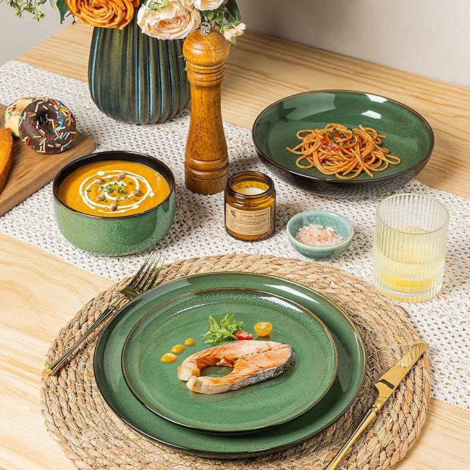 LeRatio Ceramic Dinnerware Sets for 6,Porcelain Plates and Bowls Sets,Handmade Reactive Glaze Dishes Set,Chip Resistant and Scratch Resistant | Oven&Dishwasher & Microwave Safe-Green(18PCS)